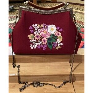 Beautiful Floral Embroidered Burgundy Crossbody / Handbag Chain Strap Kiss Lock